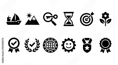 a collection of black icons representing business success, achievement, and productivity on a white background, suitable for marketing, advertising, and educational materials