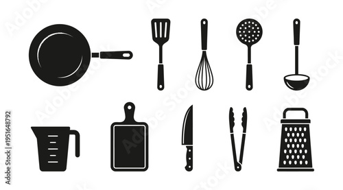 A collection of kitchen utensils and tools icons including a frying pan, spatula, whisk, ladle, grater, cutting board, knife, and measuring cup, useful for cooking, baking, and recipe illustrations.