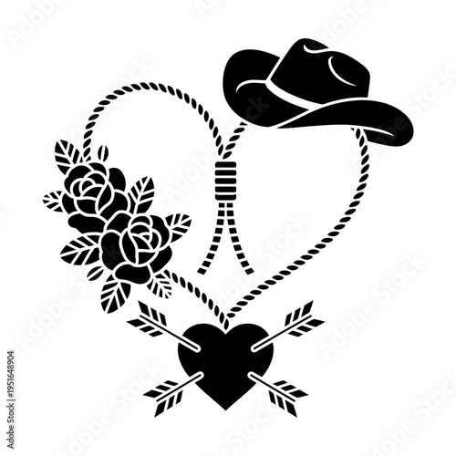 A black and white illustration of a heart with a cowboy hat and roses