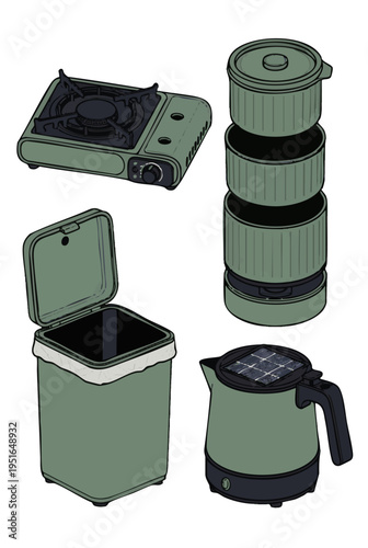 Portable gas stove, stacked cooking pots, portable toilet, and solar kettle.