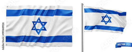 Vector realistic illustration of Israeli flags on a white background.