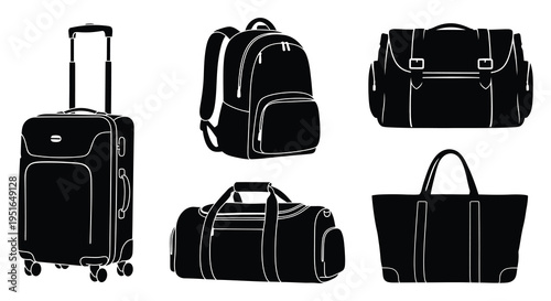 A collection of travel bags including a suitcase backpack duffel and tote presented in black silhouette high quality professional detailed modern