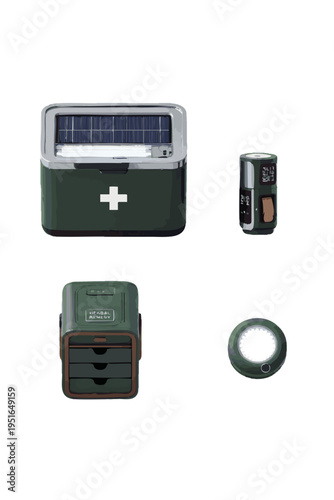 Emergency survival supplies with a first aid cooler, herbal remedy box, and lantern.