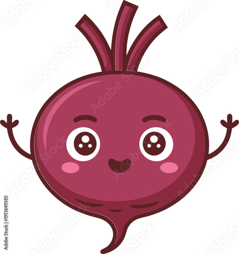 Cute cartoon beetroot character with happy smiling face and waving hands isolated on white background for healthy nutrition,