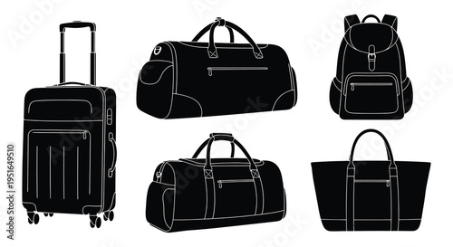 A collection of travel luggage items including suitcases duffel bags and backpacks shown in silhouette high quality professional detailed modern elegant