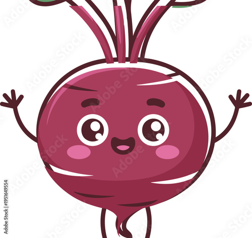 Cute cartoon beetroot character with happy smiling face and waving hands isolated on white background for healthy
