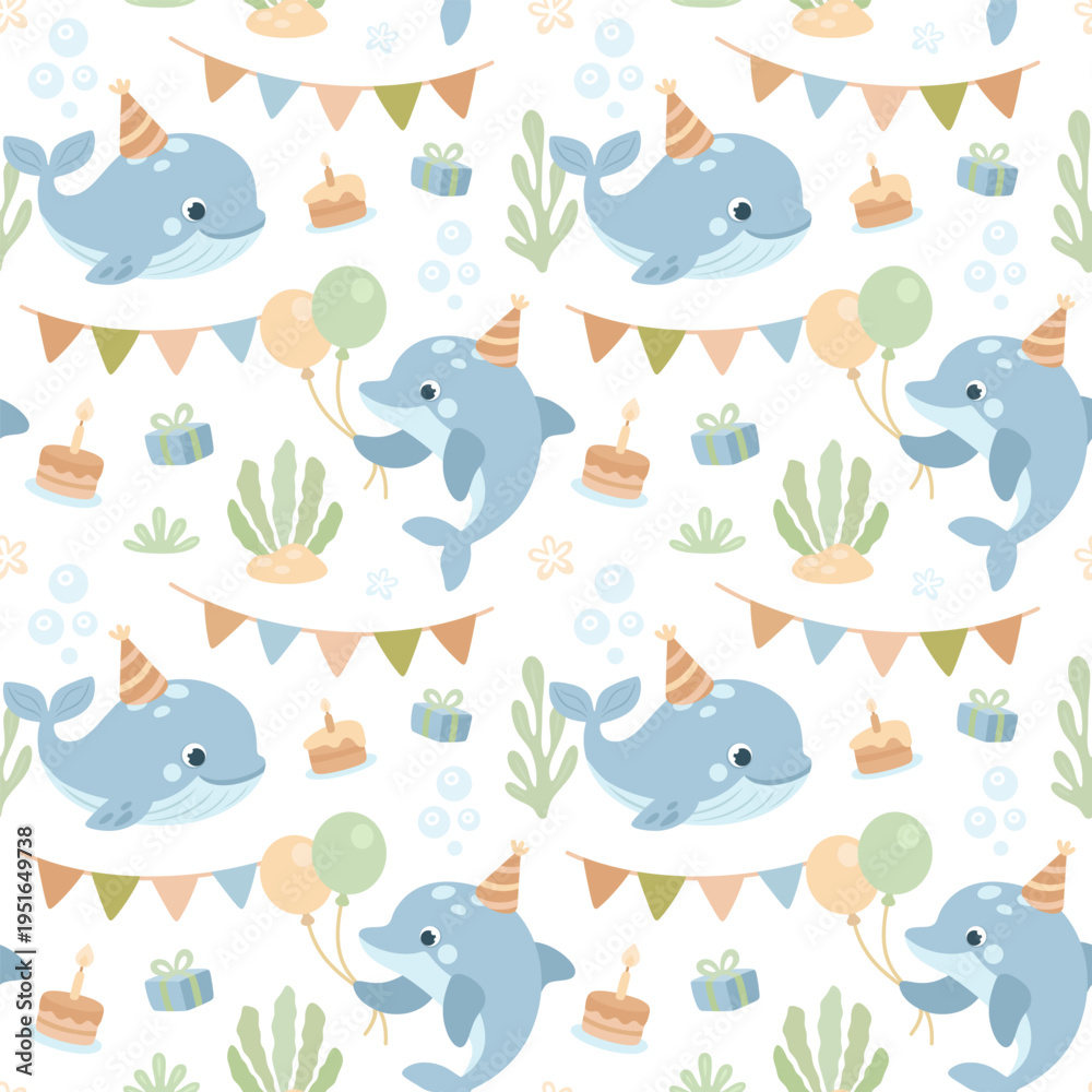 Obraz premium Under the sea. Marine animals. Vector seamless pattern. Whales and dolphins at the party.