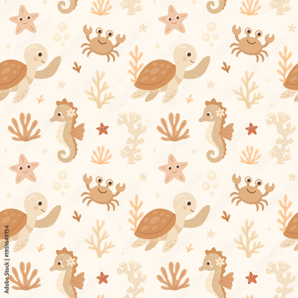 Fototapeta premium Under the sea. Marine animals. Vector seamless pattern. Turtle, crab and seahorse.