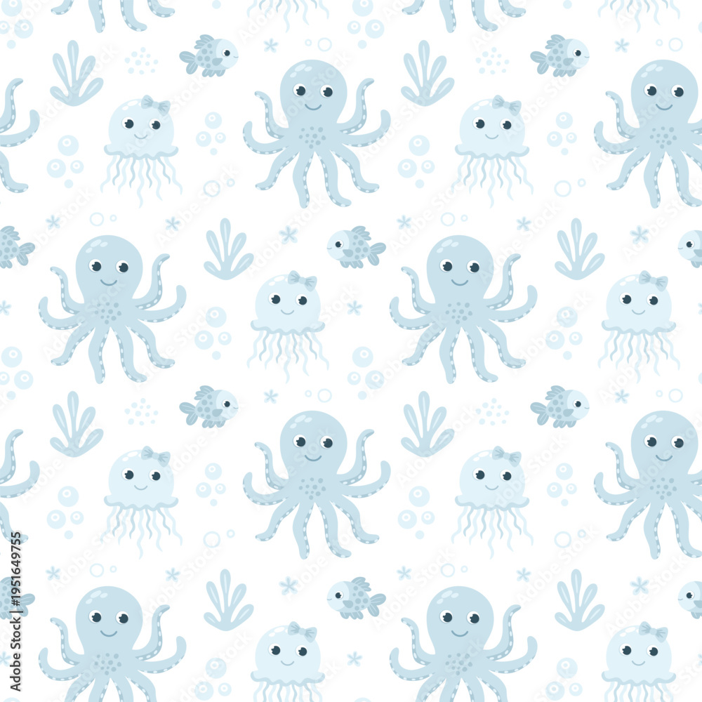 Naklejka premium Under the sea. Marine animals. Vector seamless pattern. Octopuses and jellyfish. 