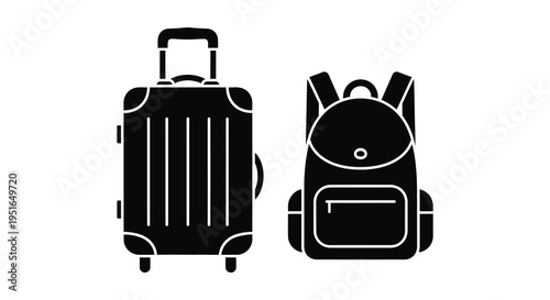 A minimalist depiction of a rolling suitcase and a backpack both in stark black against a white background silhouette high quality