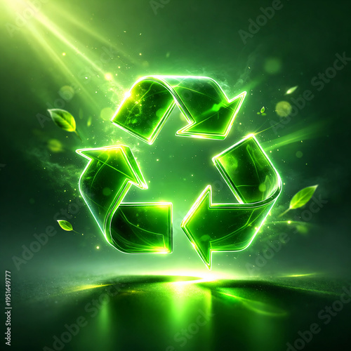 Glowing green volumetric recycling symbol in 3D with neon light effect on a dark black background. Concept of sustainability, environmental protection, zero waste and modern eco technology