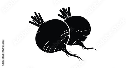 A simple illustration shows two dark beetroots with leafy tops presented in a striking black silhouette high quality professional detailed modern