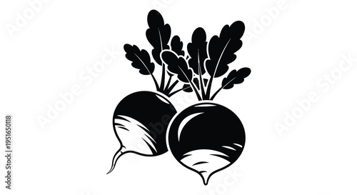 A striking black silhouette depicts two round turnips with leafy greens showcasing a simple botanical illustration silhouette high quality professional detailed