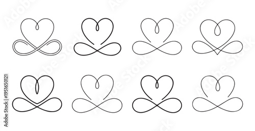 Eight elegant heart infinity symbols on white background abstract calligraphy vector illustration