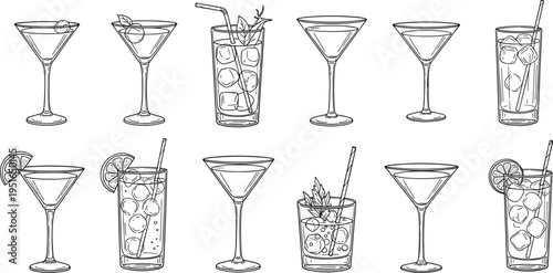 Cocktail and beverage glass line illustration set with martini glasses, iced drinks, citrus garnish and straws representing bar drinks and refreshing beverages vector collection