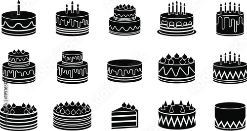 Birthday cake silhouette icon set, delicious celebration desserts, anniversary party food, sweet bakery treats, tiered cakes with candles, and chocolate cream dessert vectors.