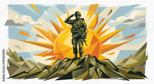 Military Soldier with Radiating Light Rays Heroic Tribute Vector Illustration