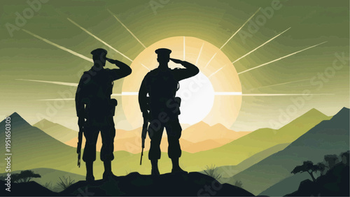 Military Soldier Saluting Silhouette Sunset Landscape Tribute Vector Illustration