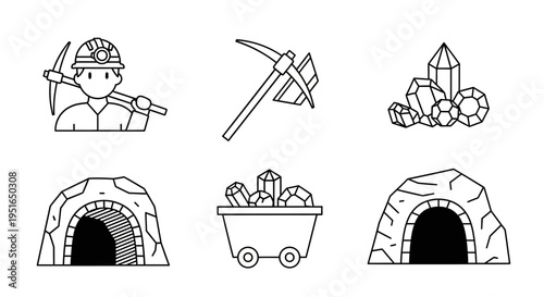 Mining and Gemstone Collection Line Art Illustrations.