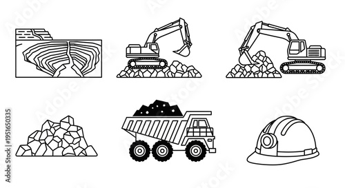 Mining industry equipment and operations line art icons set.