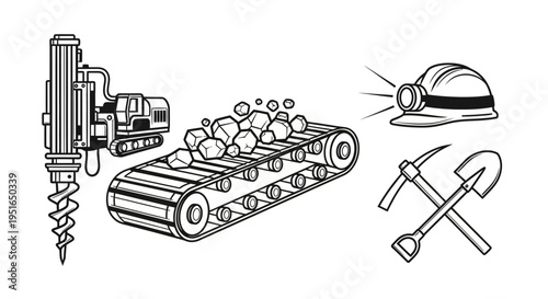Mining Industry Equipment and Tools Collection Hand Drawn Illustration.
