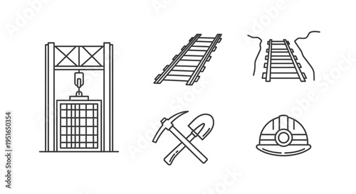 Mining industry equipment and tools linear icons set.