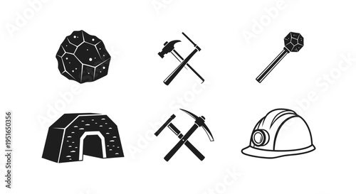 Mining industry tools and equipment collection in black and white.