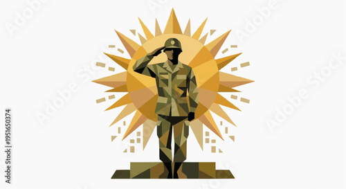 Army Soldier Standing with Radiant Sunburst Background Tribute Vector Illustration