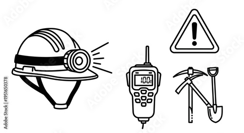 Mining Safety Equipment and Tools Line Art Illustration.