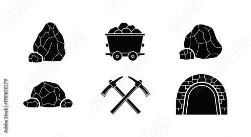 Mining Industry Tools and Resources Black Silhouettes.