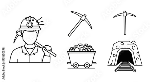 Mining industry worker with pickaxe, mine entrance, and coal cart line art set.