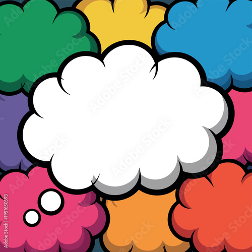 A colorful cartoon illustration of speech bubbles in various hues