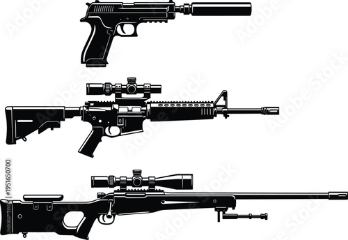 Firearms and tactical weapons silhouettes set featuring pistol with suppressor, assault rifle and sniper rifle with scope isolated black gun icons vector illustration