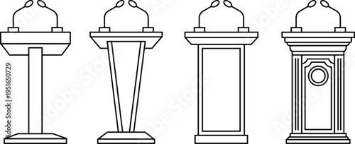 Set of wooden and modern podium rostrum stands with microphones for speech 