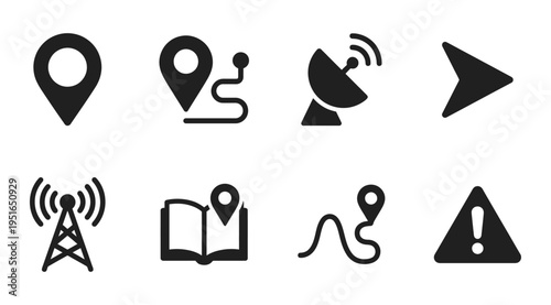 A collection of navigation and warning icons including location markers, satellite dish, and alert symbols, often used for mapping, directions, and safety notifications in digital interfaces.