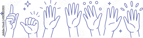 Set of human hand gestures line icons including pointing finger high five clapping and waving for communication design,