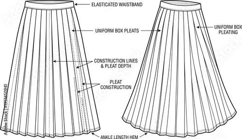 Women's ankle length uniform box pleat skirt technical fashion illustration, elasticated waistband flared pleated skirt vector flat sketch for apparel design and development
