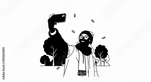 Person wearing scarf and hat takes a selfie in a park with falling leaves