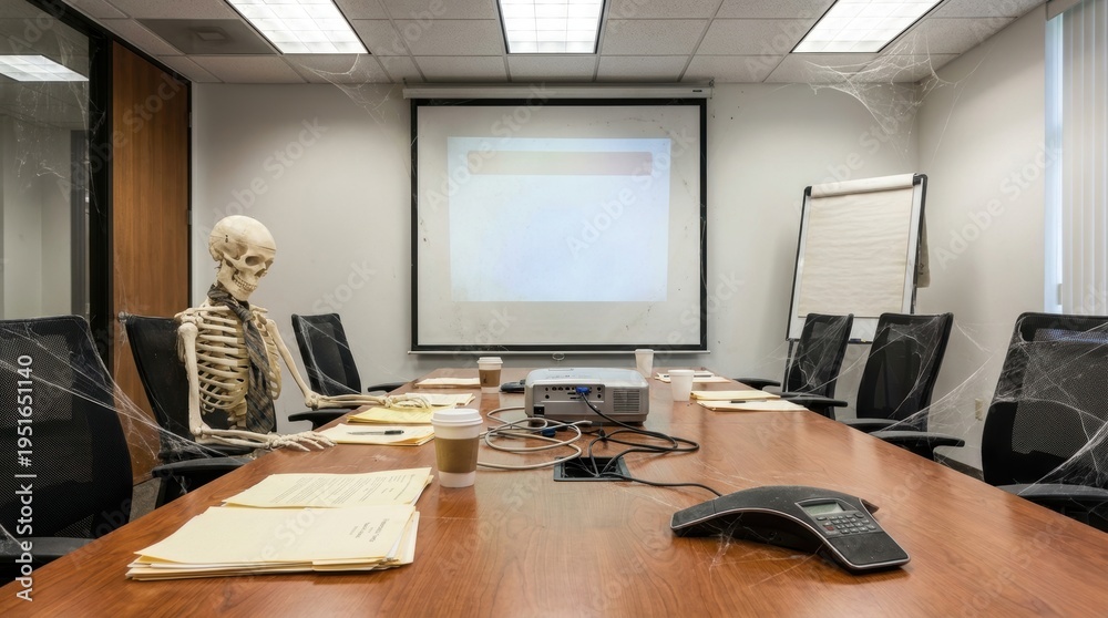 Fototapeta premium Skeleton in a tie sits at a long cobweb covered meeting room table with a projector and old documents
