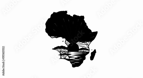 Silhouette of Africa with sunrise, trees, birds, and water