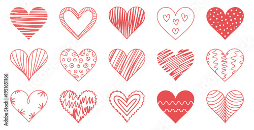 Hand drawn red heart doodles collection featuring various patterns textures and scribbled techniques