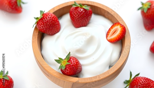 Strawberry yogurt bowl preparation kitchen food photography bright overhead healthy eating