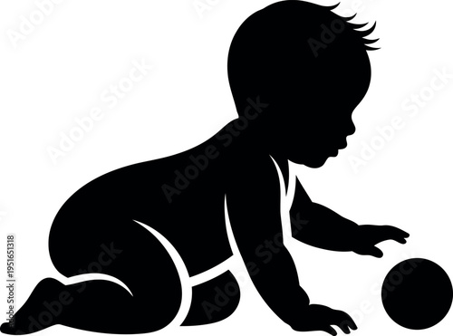 Black silhouette baby crawling with ball