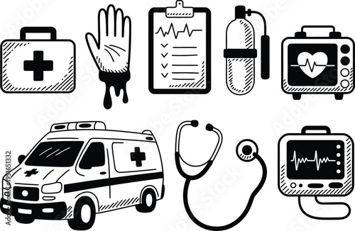 Medical emergency icons set, minimalist black and white vector sketches of ambulance first aid kit and medical tools for hospital, first responder, and emergency preparedness graphics.