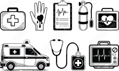 Medical emergency icons set, black and white hand drawn sketch collection featuring ambulance first aid kit and essential medical equipment for healthcare and safety design.