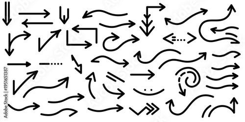 Various bold brush drawn curved arrows. Collection doodle marker thick arrows in different directions. Hand drawn vector direction pointers