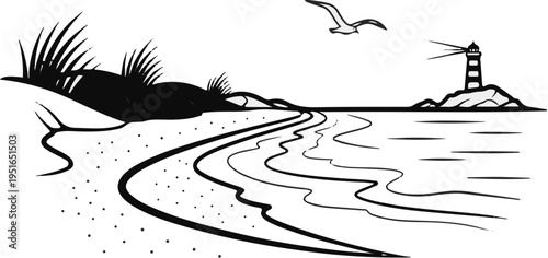 A stylized black and white drawing of a coastal scene with a lighthouse and a seagull