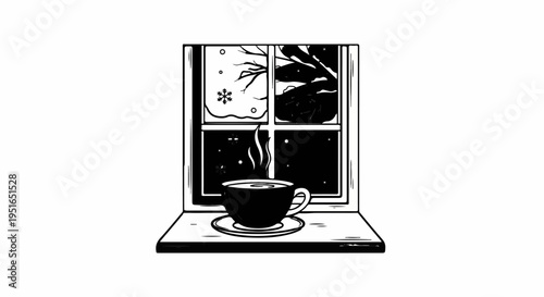 A warm beverage sits on a windowsill looking out at a winter scene