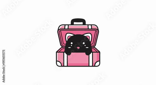 A black creature peeks out of an open pink suitcase