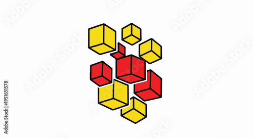 An arrangement of abstract red and yellow cubes with thick black outlines